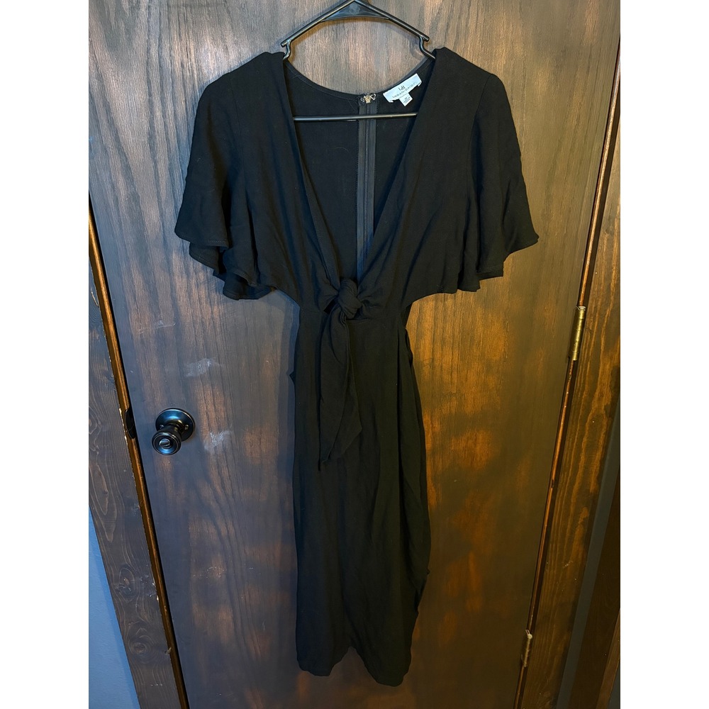 Urban Daizy Black Linen Blend Cut Out Tie Front Midi Dress Womens Medium